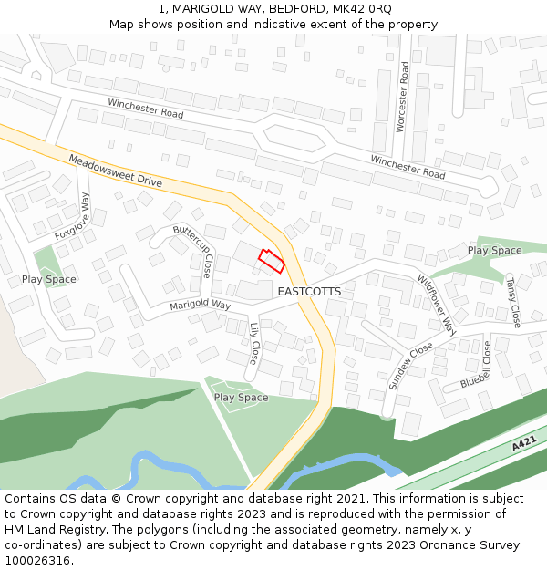 1, MARIGOLD WAY, BEDFORD, MK42 0RQ: Location map and indicative extent of plot
