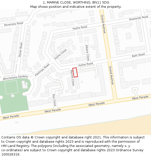 1, MARINE CLOSE, WORTHING, BN11 5DG: Location map and indicative extent of plot