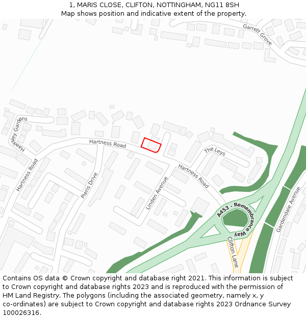 1, MARIS CLOSE, CLIFTON, NOTTINGHAM, NG11 8SH: Location map and indicative extent of plot