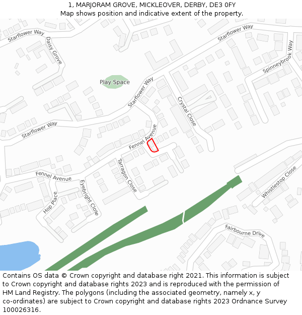 1, MARJORAM GROVE, MICKLEOVER, DERBY, DE3 0FY: Location map and indicative extent of plot