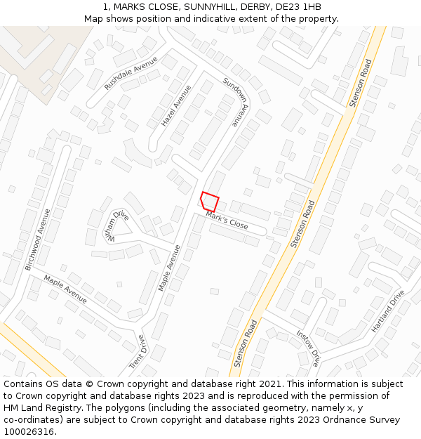 1, MARKS CLOSE, SUNNYHILL, DERBY, DE23 1HB: Location map and indicative extent of plot