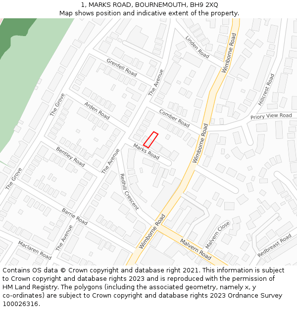 1, MARKS ROAD, BOURNEMOUTH, BH9 2XQ: Location map and indicative extent of plot