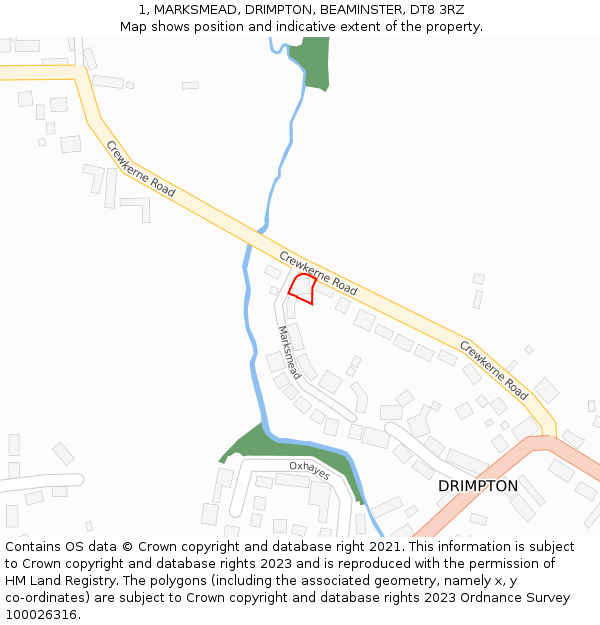 1, MARKSMEAD, DRIMPTON, BEAMINSTER, DT8 3RZ: Location map and indicative extent of plot