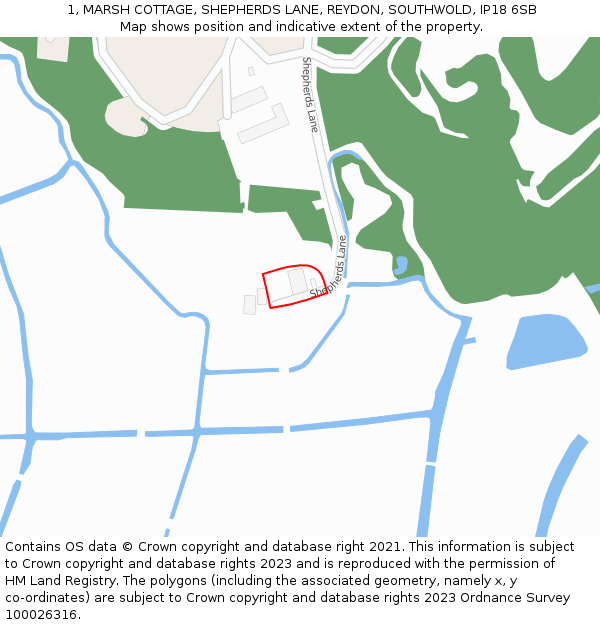 1, MARSH COTTAGE, SHEPHERDS LANE, REYDON, SOUTHWOLD, IP18 6SB: Location map and indicative extent of plot