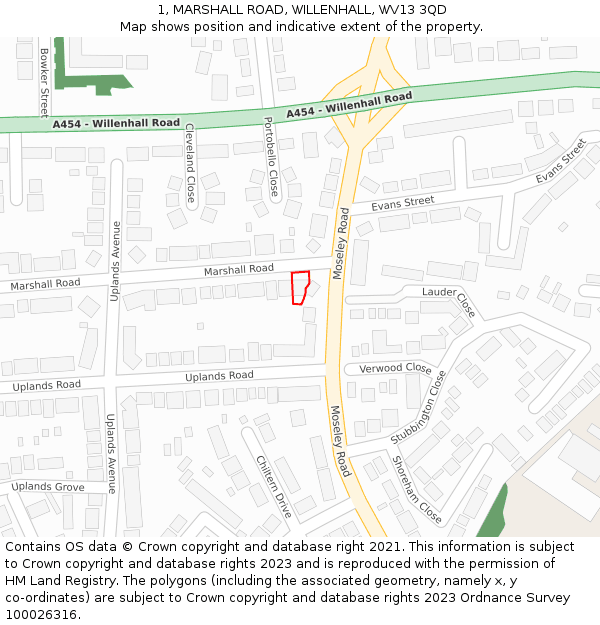 1, MARSHALL ROAD, WILLENHALL, WV13 3QD: Location map and indicative extent of plot