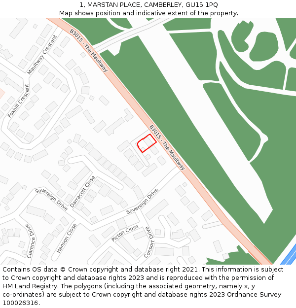 1, MARSTAN PLACE, CAMBERLEY, GU15 1PQ: Location map and indicative extent of plot