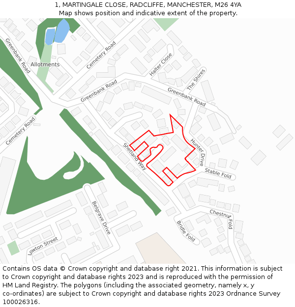 1, MARTINGALE CLOSE, RADCLIFFE, MANCHESTER, M26 4YA: Location map and indicative extent of plot