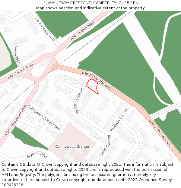 1, MAULTWAY CRESCENT, CAMBERLEY, GU15 1PN: Location map and indicative extent of plot