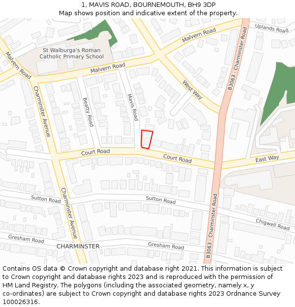 1, MAVIS ROAD, BOURNEMOUTH, BH9 3DP: Location map and indicative extent of plot