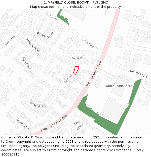 1, MAYFIELD CLOSE, BODMIN, PL31 2HD: Location map and indicative extent of plot