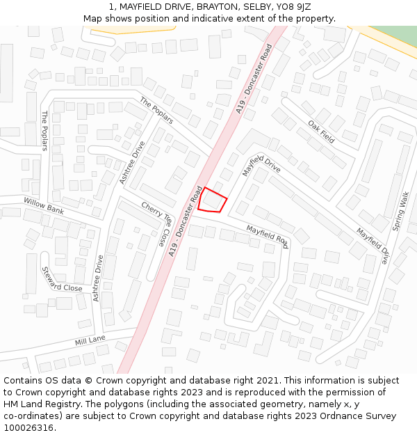1, MAYFIELD DRIVE, BRAYTON, SELBY, YO8 9JZ: Location map and indicative extent of plot