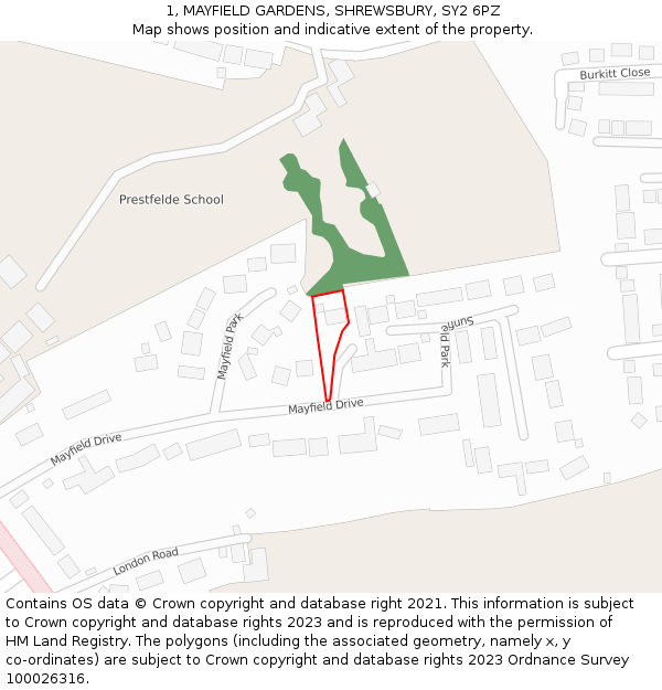 1, MAYFIELD GARDENS, SHREWSBURY, SY2 6PZ: Location map and indicative extent of plot