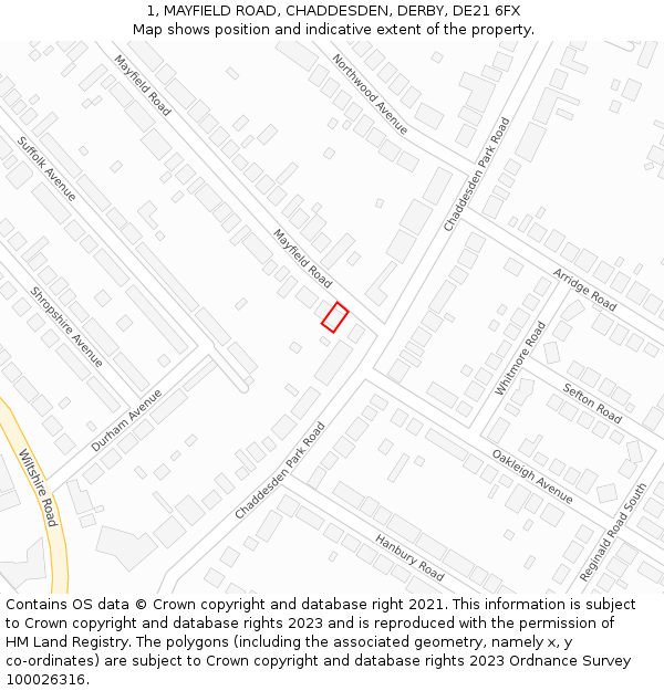 1, MAYFIELD ROAD, CHADDESDEN, DERBY, DE21 6FX: Location map and indicative extent of plot