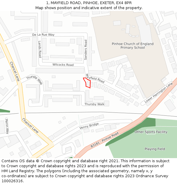 1, MAYFIELD ROAD, PINHOE, EXETER, EX4 8PR: Location map and indicative extent of plot