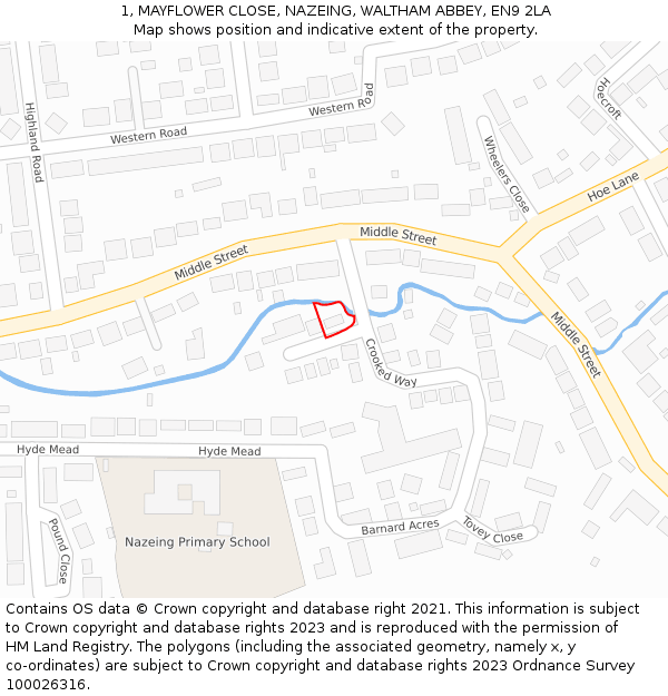 1, MAYFLOWER CLOSE, NAZEING, WALTHAM ABBEY, EN9 2LA: Location map and indicative extent of plot