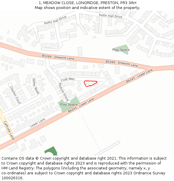 1, MEADOW CLOSE, LONGRIDGE, PRESTON, PR3 3AH: Location map and indicative extent of plot