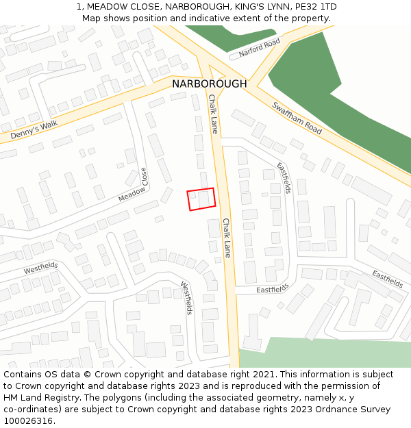 1, MEADOW CLOSE, NARBOROUGH, KING'S LYNN, PE32 1TD: Location map and indicative extent of plot