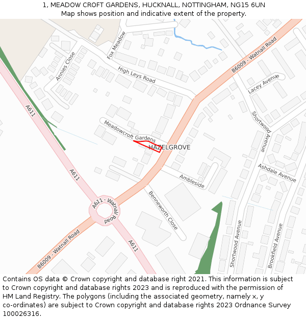 1, MEADOW CROFT GARDENS, HUCKNALL, NOTTINGHAM, NG15 6UN: Location map and indicative extent of plot
