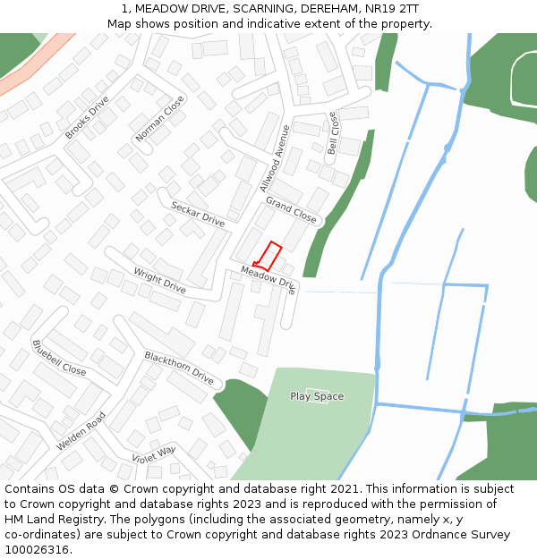 1, MEADOW DRIVE, SCARNING, DEREHAM, NR19 2TT: Location map and indicative extent of plot