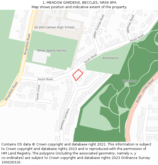 1, MEADOW GARDENS, BECCLES, NR34 9PA: Location map and indicative extent of plot