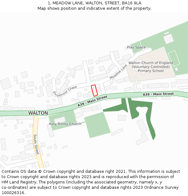 1, MEADOW LANE, WALTON, STREET, BA16 9LA: Location map and indicative extent of plot