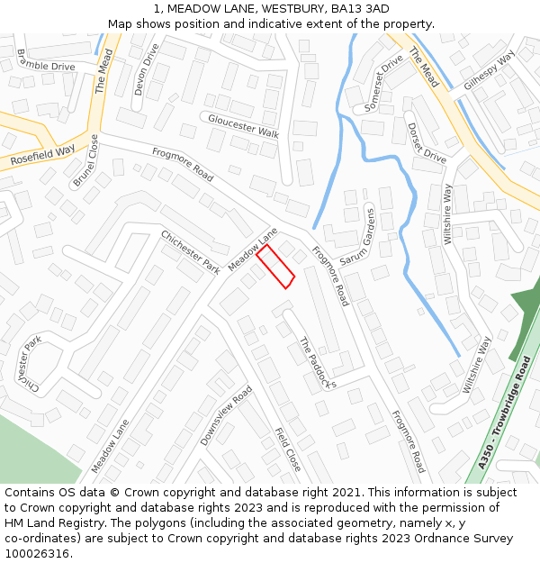 1, MEADOW LANE, WESTBURY, BA13 3AD: Location map and indicative extent of plot