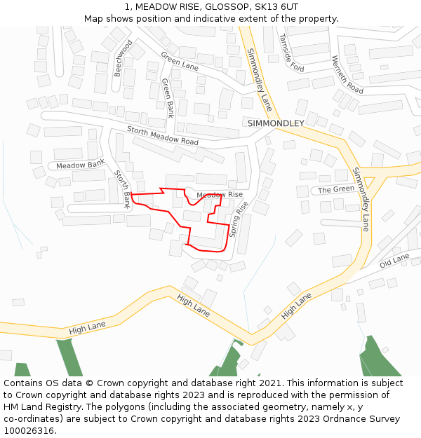 1, MEADOW RISE, GLOSSOP, SK13 6UT: Location map and indicative extent of plot