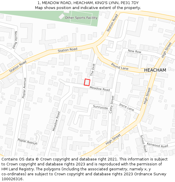 1, MEADOW ROAD, HEACHAM, KING'S LYNN, PE31 7DY: Location map and indicative extent of plot