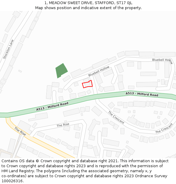 1, MEADOW SWEET DRIVE, STAFFORD, ST17 0JL: Location map and indicative extent of plot