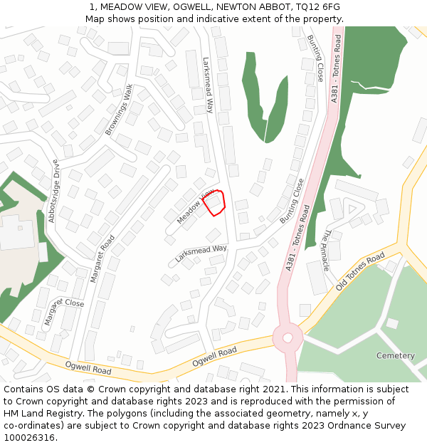 1, MEADOW VIEW, OGWELL, NEWTON ABBOT, TQ12 6FG: Location map and indicative extent of plot