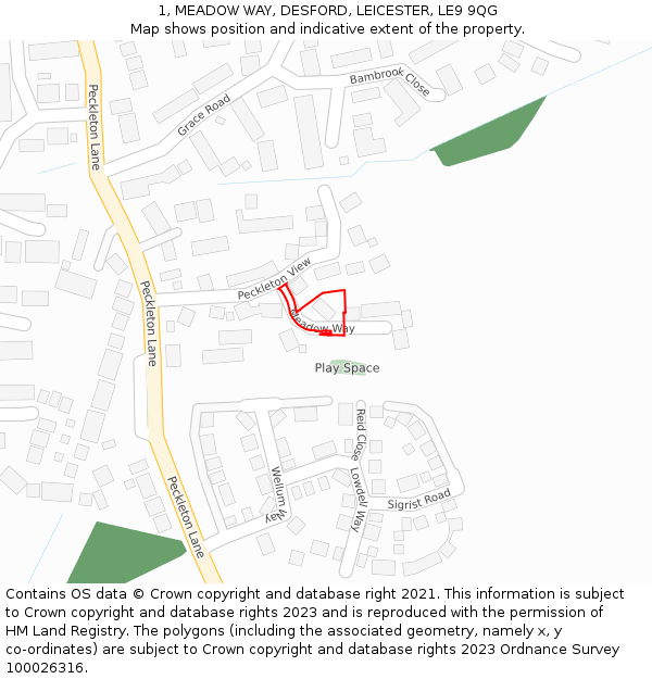 1, MEADOW WAY, DESFORD, LEICESTER, LE9 9QG: Location map and indicative extent of plot