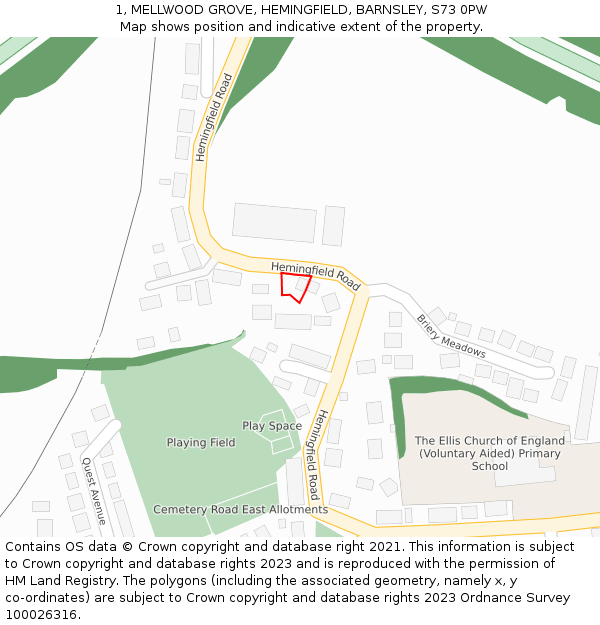 1, MELLWOOD GROVE, HEMINGFIELD, BARNSLEY, S73 0PW: Location map and indicative extent of plot
