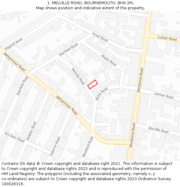 1, MELVILLE ROAD, BOURNEMOUTH, BH9 2PL: Location map and indicative extent of plot