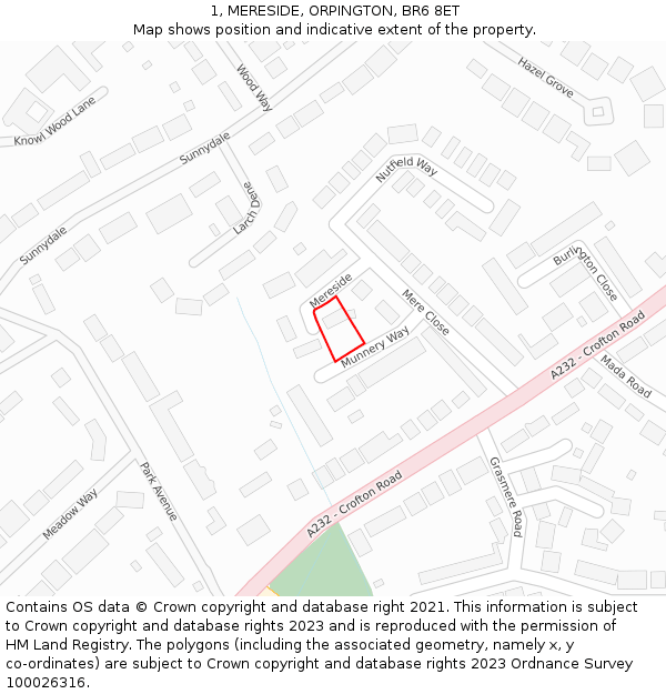 1, MERESIDE, ORPINGTON, BR6 8ET: Location map and indicative extent of plot