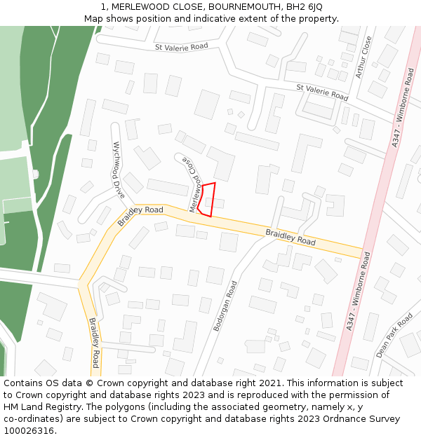 1, MERLEWOOD CLOSE, BOURNEMOUTH, BH2 6JQ: Location map and indicative extent of plot