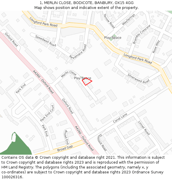 1, MERLIN CLOSE, BODICOTE, BANBURY, OX15 4GG: Location map and indicative extent of plot
