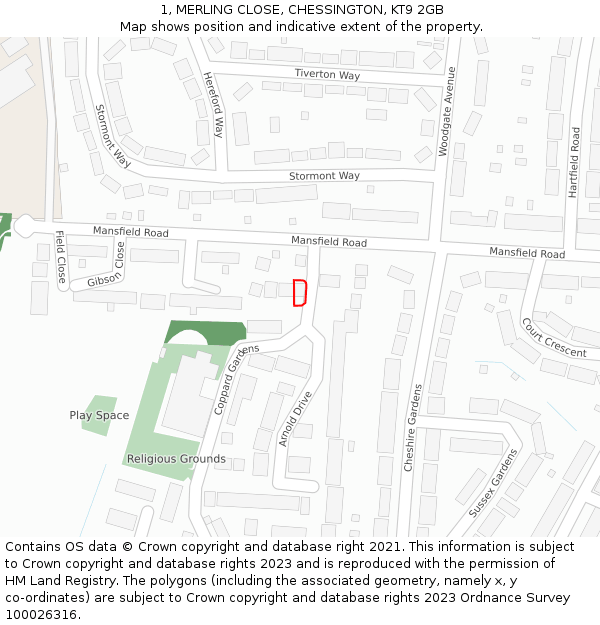1, MERLING CLOSE, CHESSINGTON, KT9 2GB: Location map and indicative extent of plot