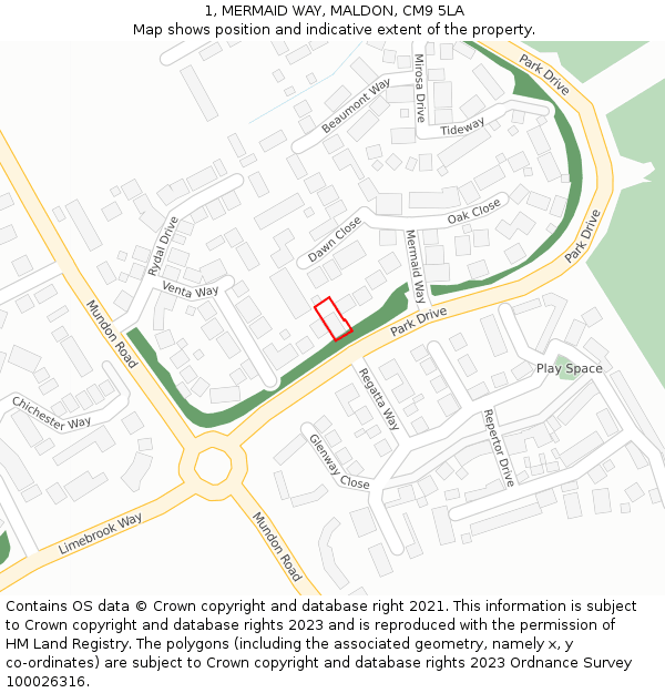 1, MERMAID WAY, MALDON, CM9 5LA: Location map and indicative extent of plot