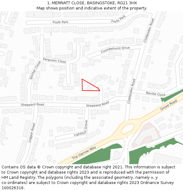 1, MERRIATT CLOSE, BASINGSTOKE, RG21 3HX: Location map and indicative extent of plot
