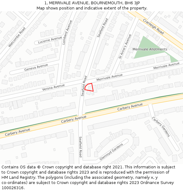 1, MERRIVALE AVENUE, BOURNEMOUTH, BH6 3JP: Location map and indicative extent of plot