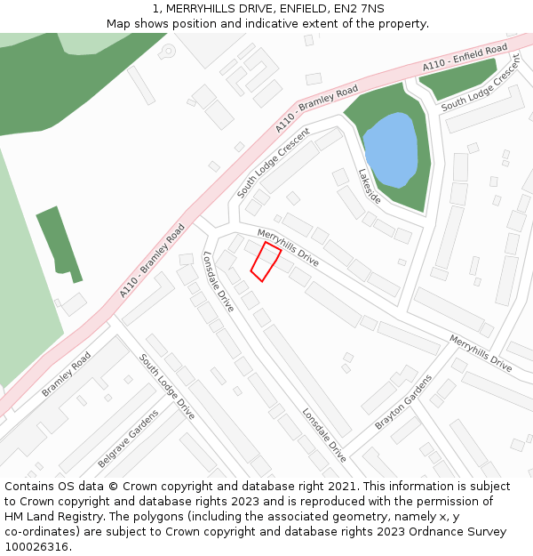 1, MERRYHILLS DRIVE, ENFIELD, EN2 7NS: Location map and indicative extent of plot