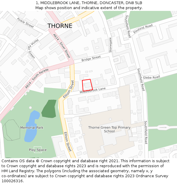 1, MIDDLEBROOK LANE, THORNE, DONCASTER, DN8 5LB: Location map and indicative extent of plot