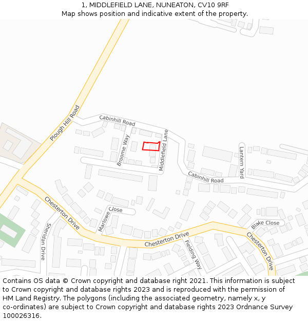 1, MIDDLEFIELD LANE, NUNEATON, CV10 9RF: Location map and indicative extent of plot