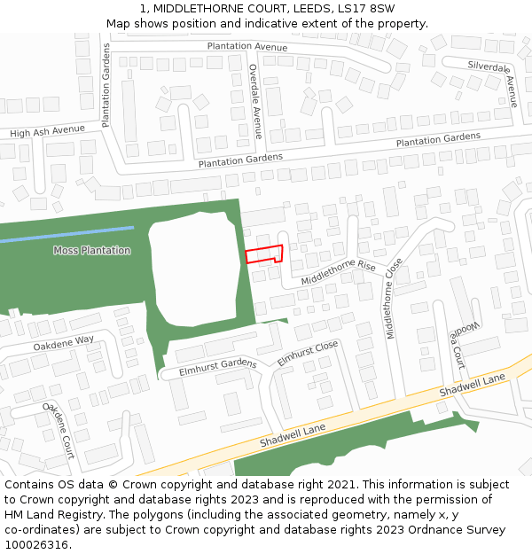 1, MIDDLETHORNE COURT, LEEDS, LS17 8SW: Location map and indicative extent of plot