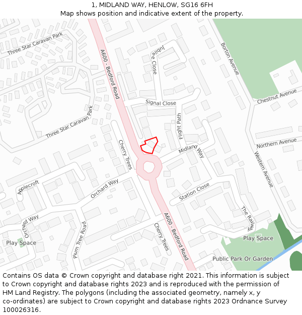 1, MIDLAND WAY, HENLOW, SG16 6FH: Location map and indicative extent of plot