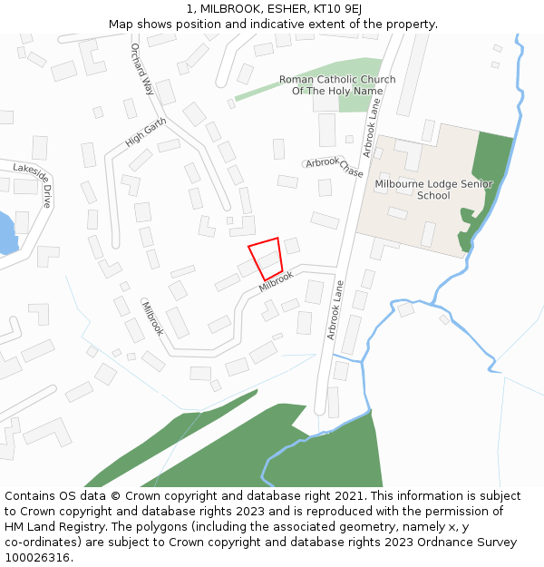 1, MILBROOK, ESHER, KT10 9EJ: Location map and indicative extent of plot