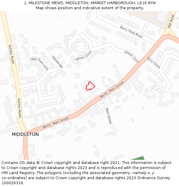 1, MILESTONE MEWS, MIDDLETON, MARKET HARBOROUGH, LE16 8YW: Location map and indicative extent of plot