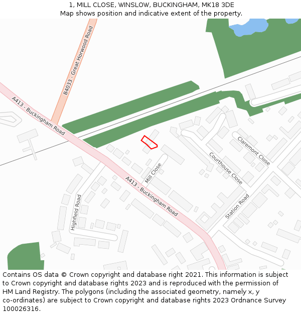 1, MILL CLOSE, WINSLOW, BUCKINGHAM, MK18 3DE: Location map and indicative extent of plot
