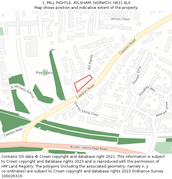1, MILL PIGHTLE, AYLSHAM, NORWICH, NR11 6LX: Location map and indicative extent of plot