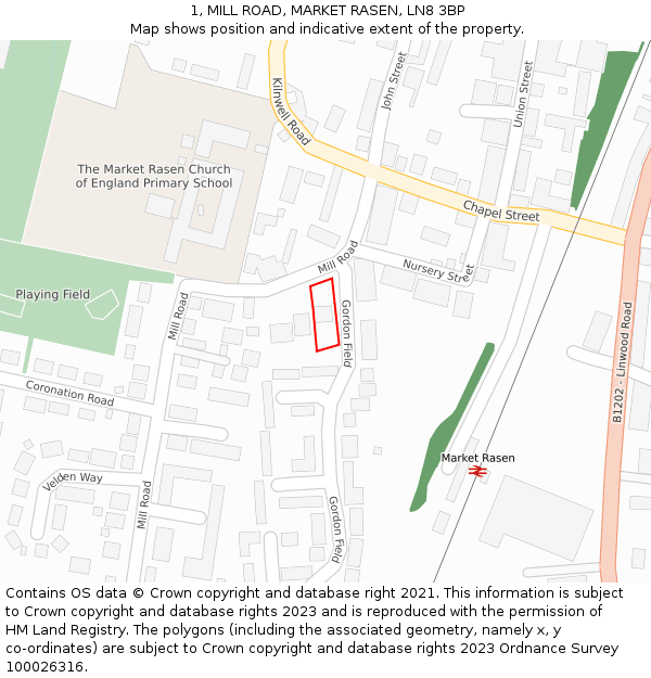 1, MILL ROAD, MARKET RASEN, LN8 3BP: Location map and indicative extent of plot